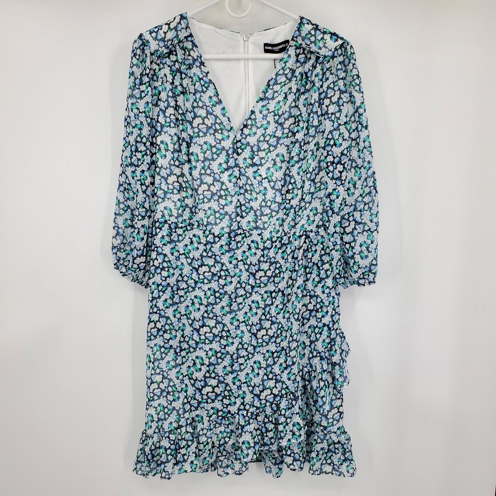 NWT Karl Lagerfeld Paris‎ Blue Floral V-Neck Ruffle Mini Dress 12 Cottage Fairy